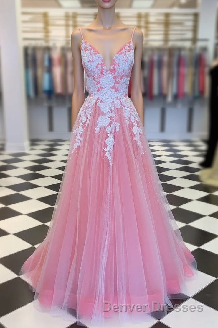 Elegant V Neck Lace-Up Back Pink Long Prom Dress with Appliques