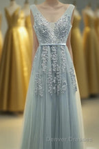 A-line Tulle Grey Long Prom Dress