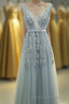 A-line Tulle Grey Long Prom Dress