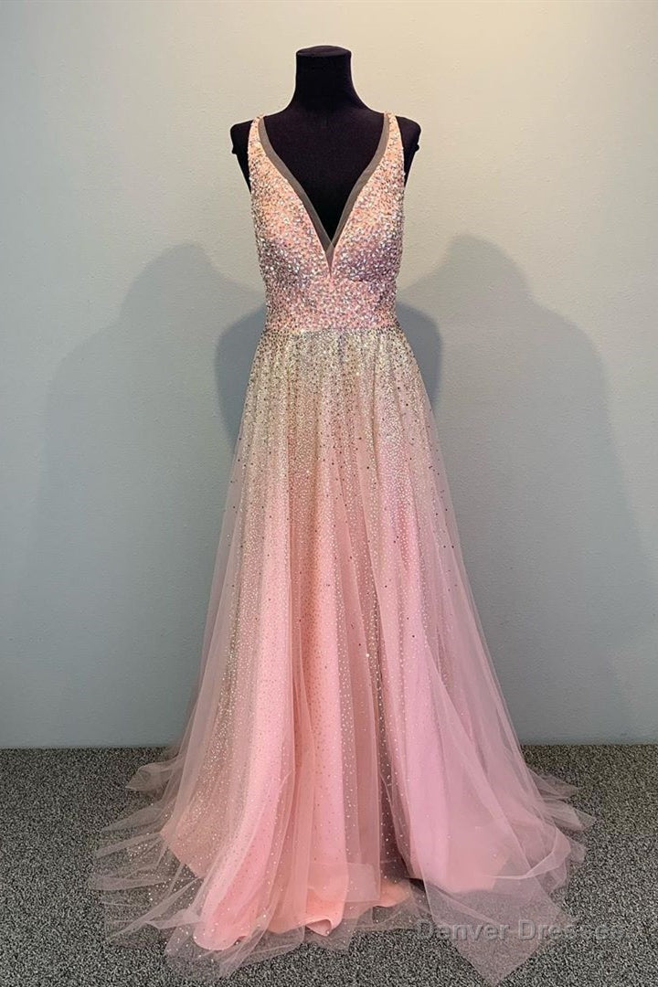 A-line V-Neck Sequin Long Pink Prom Dress Main image