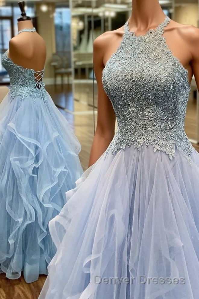 Elegant A-Line Halter Appliques Light Blue Prom Dress