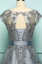 Elegant Cap Sleeves Short Grey Bridesmaid Dress with Ribbon