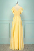 Elegant V Neck Pleated Yellow Bridesmaid Dress with Ruffles