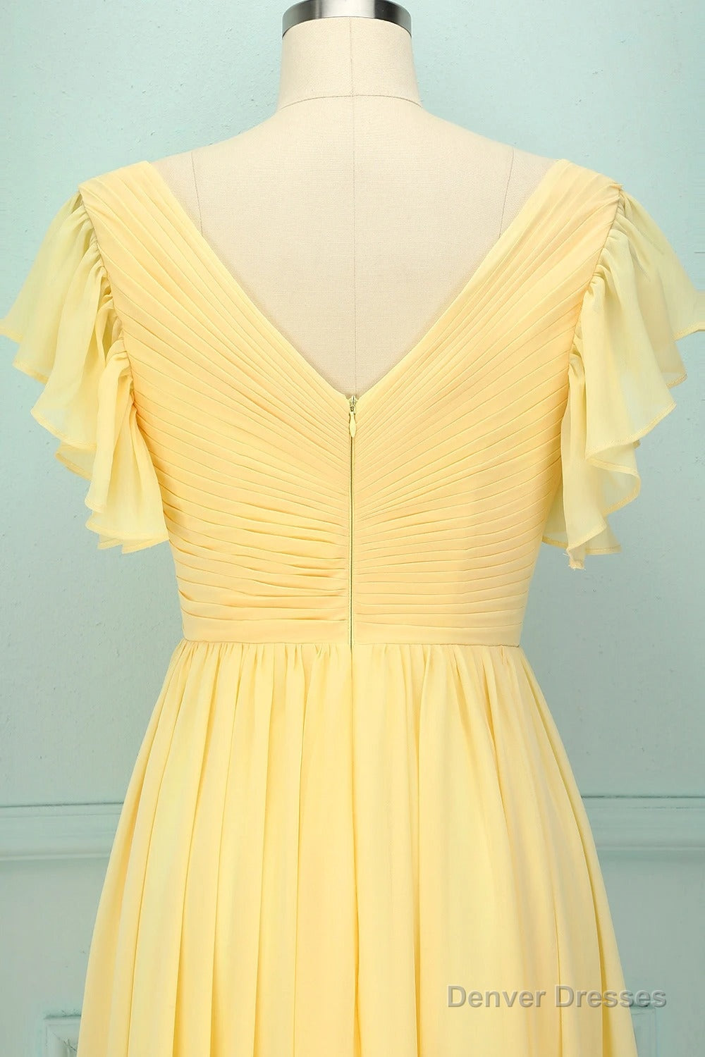 Elegant V Neck Pleated Yellow Bridesmaid Dress with Ruffles