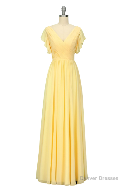 Elegant V Neck Pleated Yellow Bridesmaid Dress with Ruffles