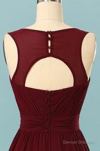 Elegant Pleated Burgundy Bridesmaid Dress with Keyhole