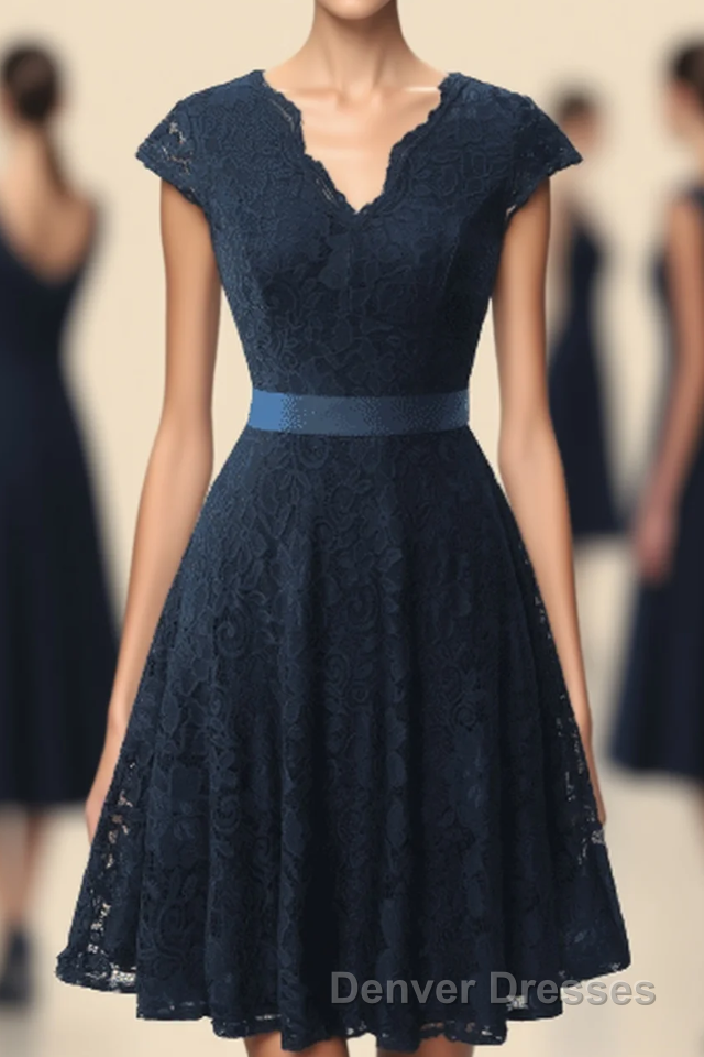 A-Line Cap Sleeve Navy Blue Bridesmaid Dress with Belt Main image