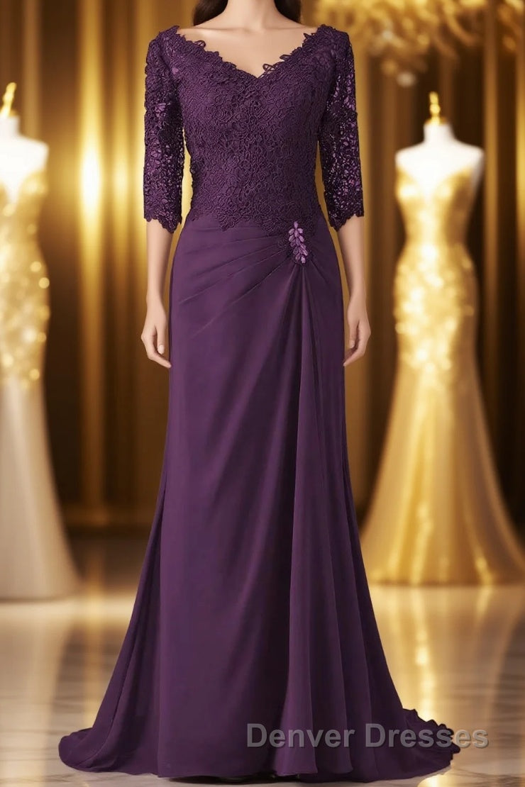 V-Neck Half Sleeve Plum Mother of Bridal Dress Main image