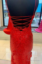 Sparkle Red Mermaid Sequined Prom Dress with Slit