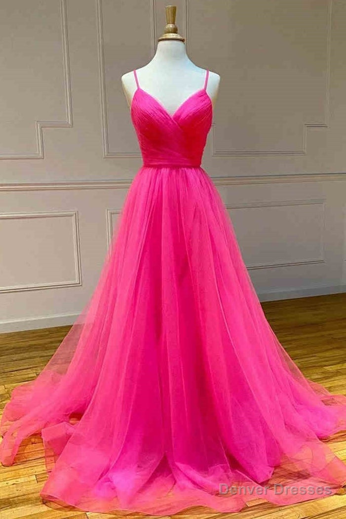 Straps Hot Pink Tulle Long Prom Dress Main image