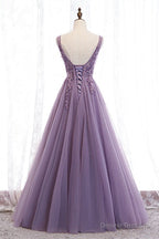 Elegant Lilac V-Neck Appiques Long Prom Dress