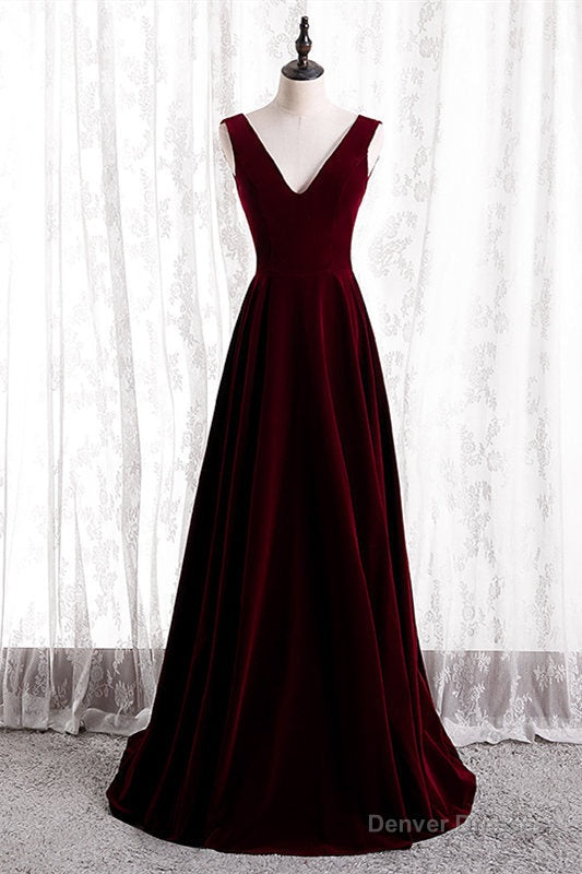 Burgundy V-Neck Velvet Formal Dress