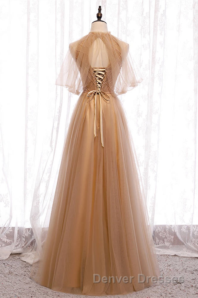 A-Line Beaded Champagne Tulle Bridesmaid Dress Secondary image
