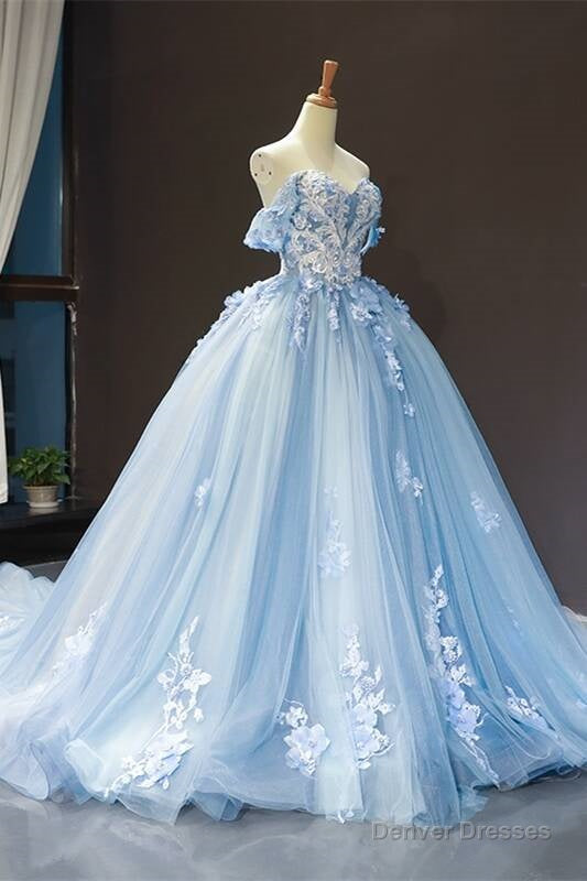 Off the Shoulder Blue Tulle and White Lace Appliques Ball Gown Secondary image