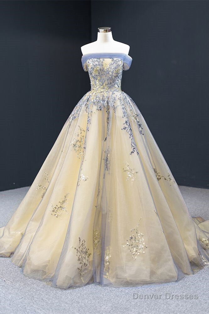 Off the Shoulder Yellow and Blue Formal Gown Secondary image