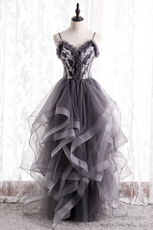 Spaghetti Straps Dark Grey Tiered Long Formal Dress Main image