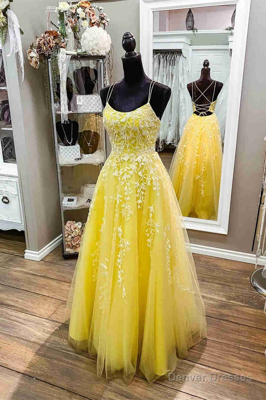 Straps Yellow Lace Appliques Prom Dress Main image