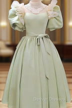 80S Style Puffy Sleeve Lace High Neck Midi Dress