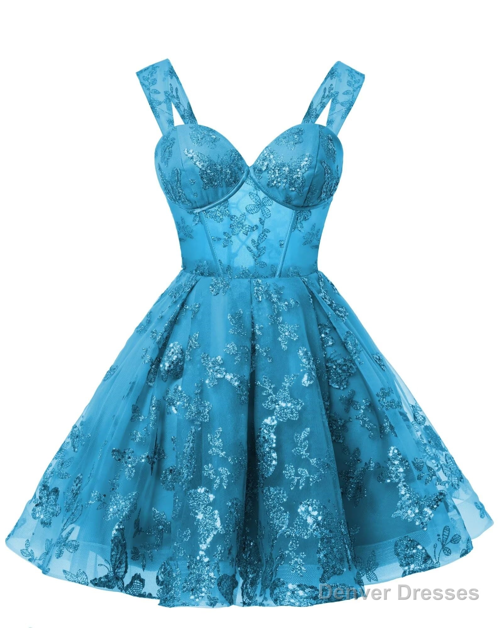 Teens Sparkly Tulle Turquoise Homecoming Dresses Spaghetti Straps Short Cocktail Party Prom Dress Main image