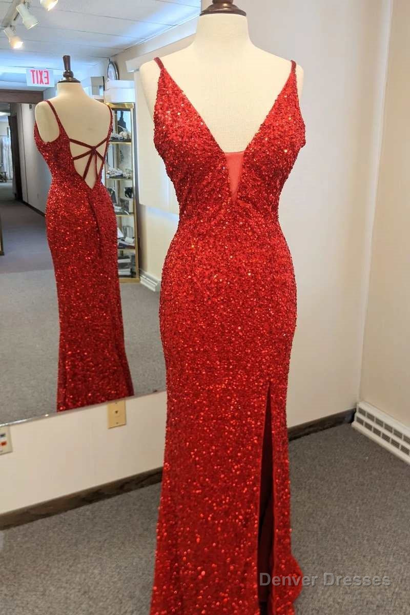 Red Sequin Plunge Neck Cutout Back Long Prom Dress with Slit Main image