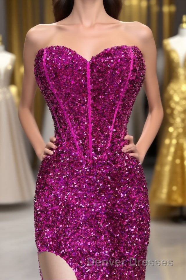 Fuchsia Sequin Strapless Mermaid Long Prom Dress with Slit Main image