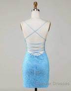 Sparkly Blue Beaded Lace Up Tight Short Homecoming Dress
