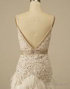 Gorgeous White Spaghetti Straps Beaded Homecoming Dress With Feather