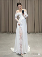 Ivory Lace Satin Wedding Dresses, Off The Shoulder Bridal Dresses