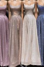 A-Line Sparkle Split Backless Evening Dress  Long Prom Dress With Pocket