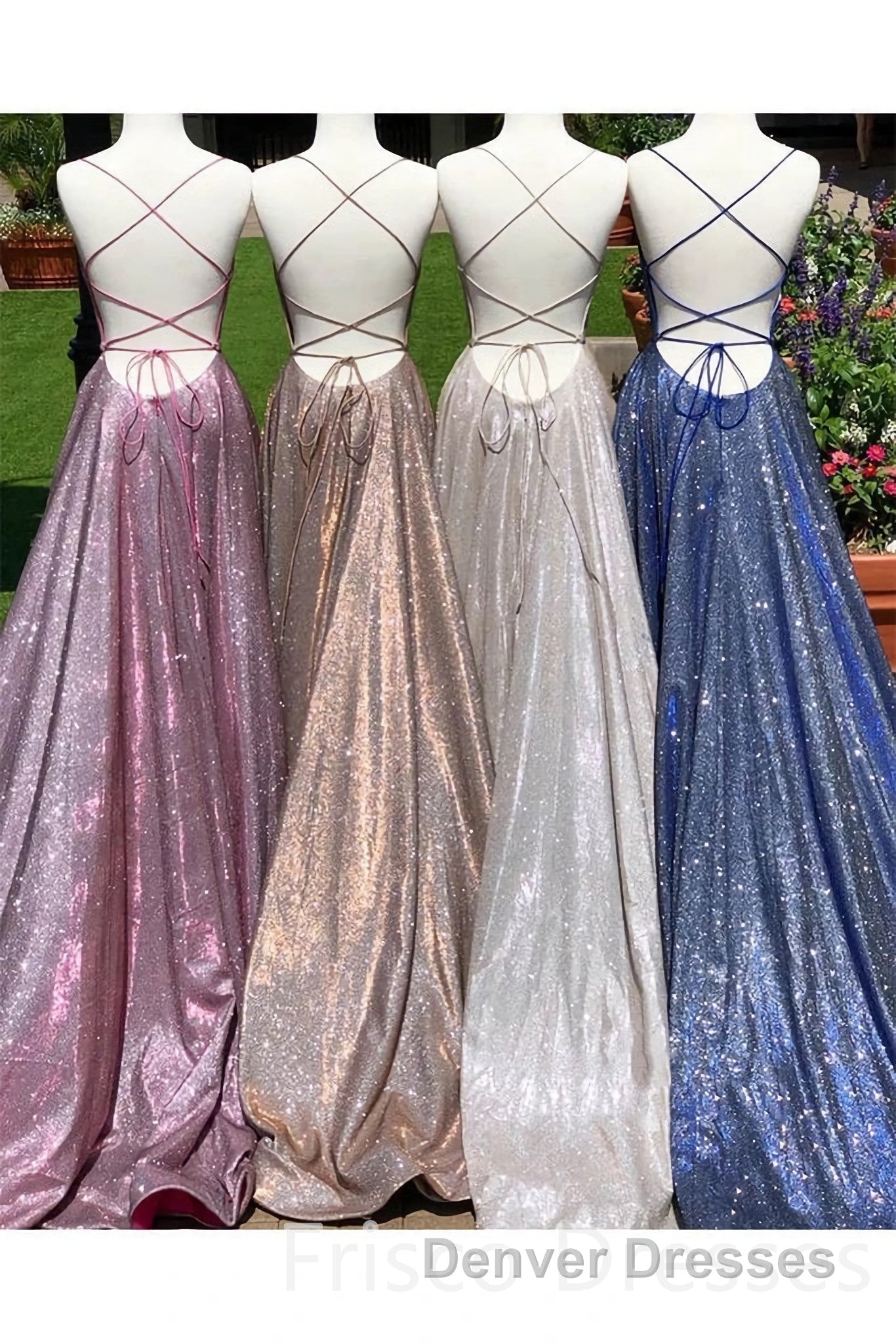 A-Line Sparkle Split Backless Evening Dress  Long Prom Dress With Pocket