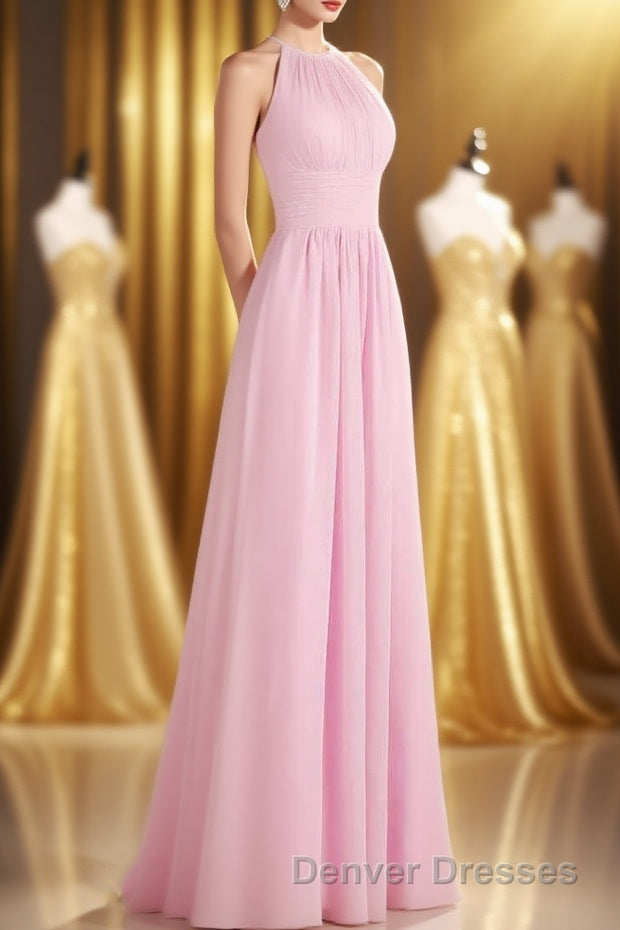 Pink Chiffon Halter Sleeveless A-Line Long Bridesmaid Dress Main image