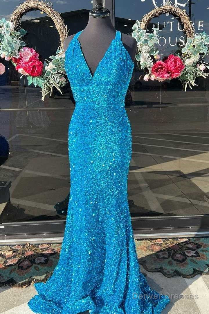 Blue Sequin V-Neck Cross-Back Mermaid Long Prom Dress Main image
