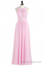 Pink Chiffon Halter Sleeveless A-Line Long Bridesmaid Dress