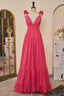 Rose Pink Ruffle Shoulder Plunging V Neck A-line Lace-Up Long Prom Dress