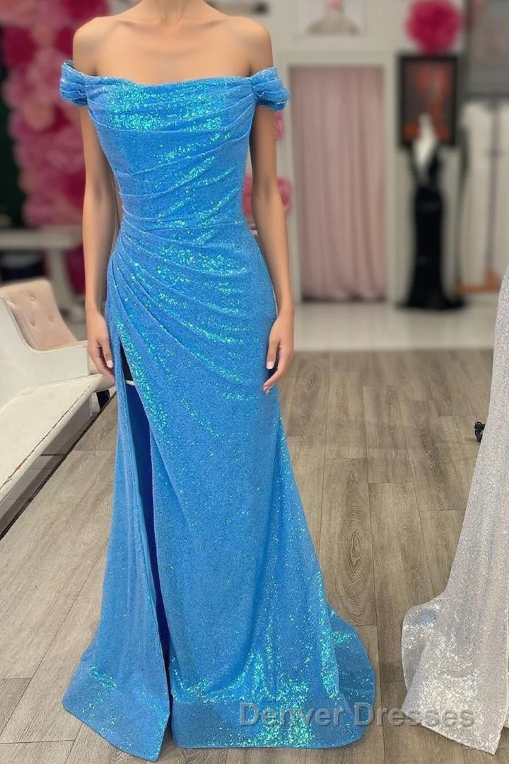 Blue Sequin Off-the-Shoulder Mermaid Long Prom Dress with Slit Main image