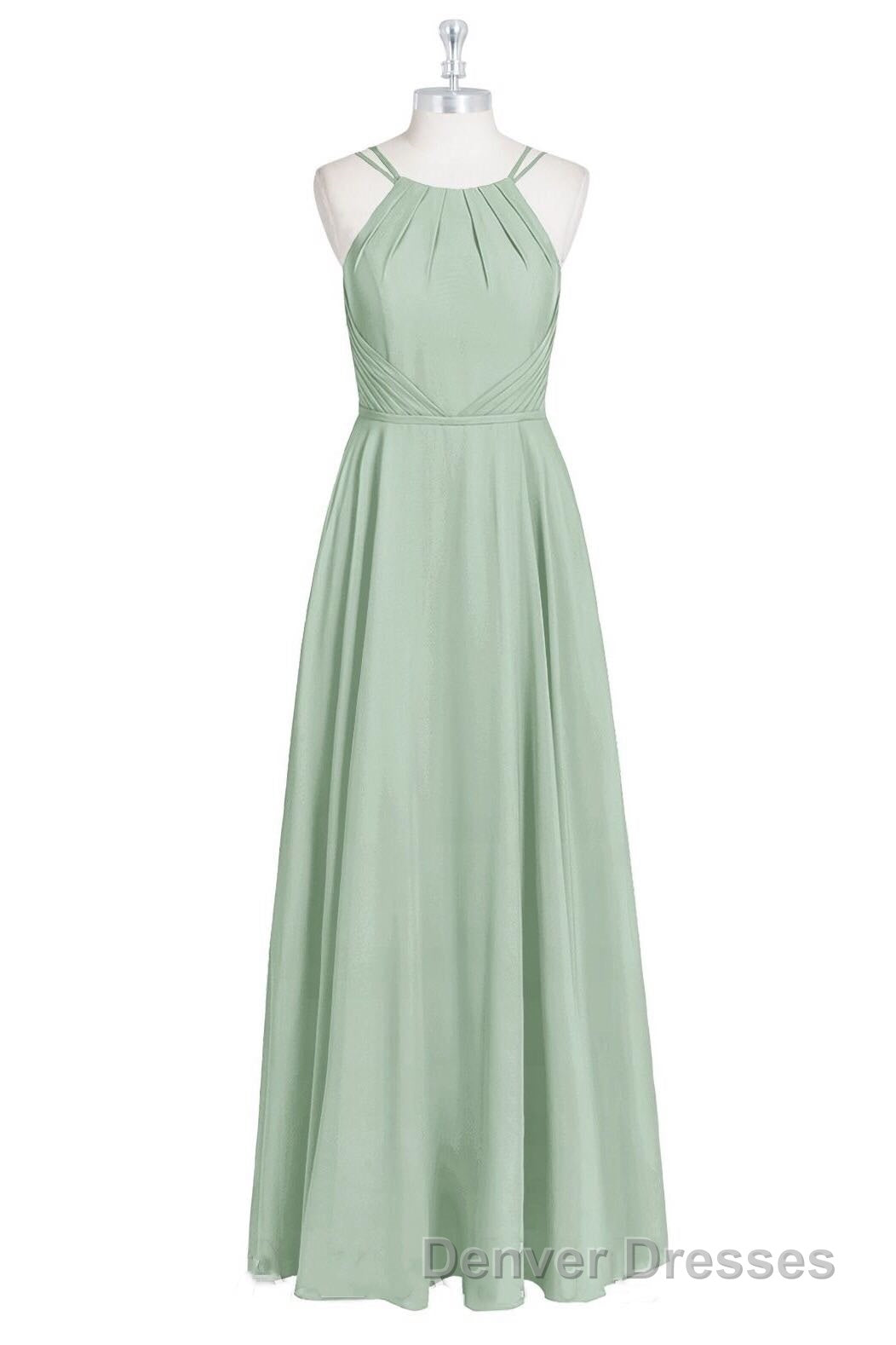Sage Green Chiffon Halter A-Line Long Bridesmaid Dress