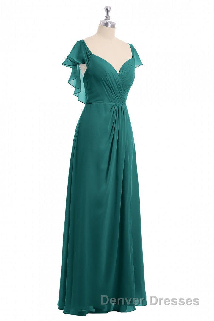 Wine Red Chiffon Backless Ruffled Sleeve Long Bridesmaid Dress