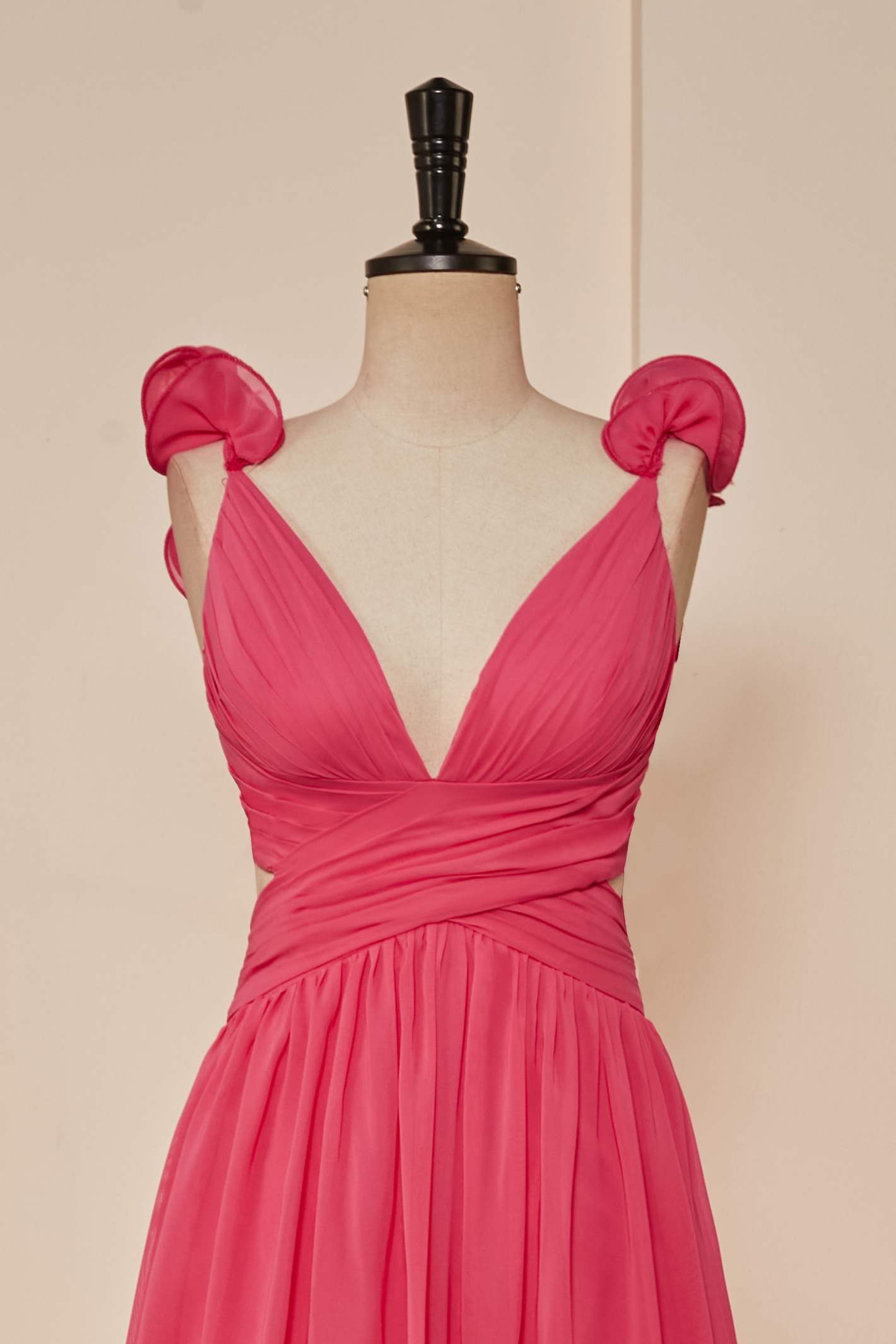 Rose Pink Ruffle Shoulder Plunging V Neck A-line Lace-Up Long Prom Dress Main image