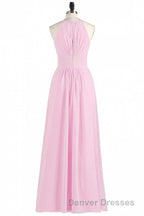 Pink Chiffon Halter Sleeveless A-Line Long Bridesmaid Dress