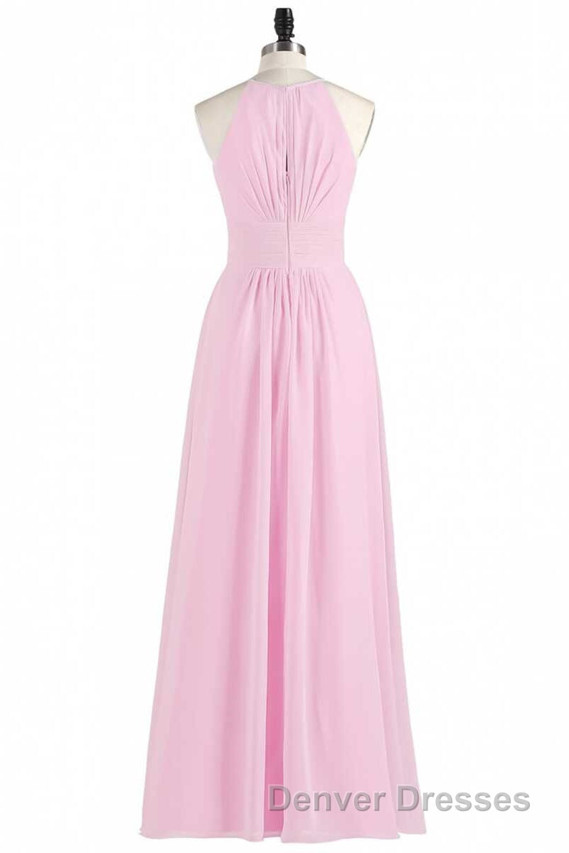 Pink Chiffon Halter Sleeveless A-Line Long Bridesmaid Dress