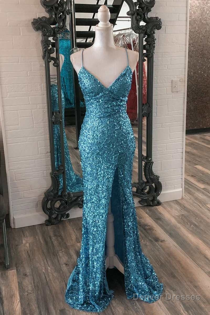 Blue Sequin V-Neck Lace-Up Mermaid Long Dress with Slit Main image