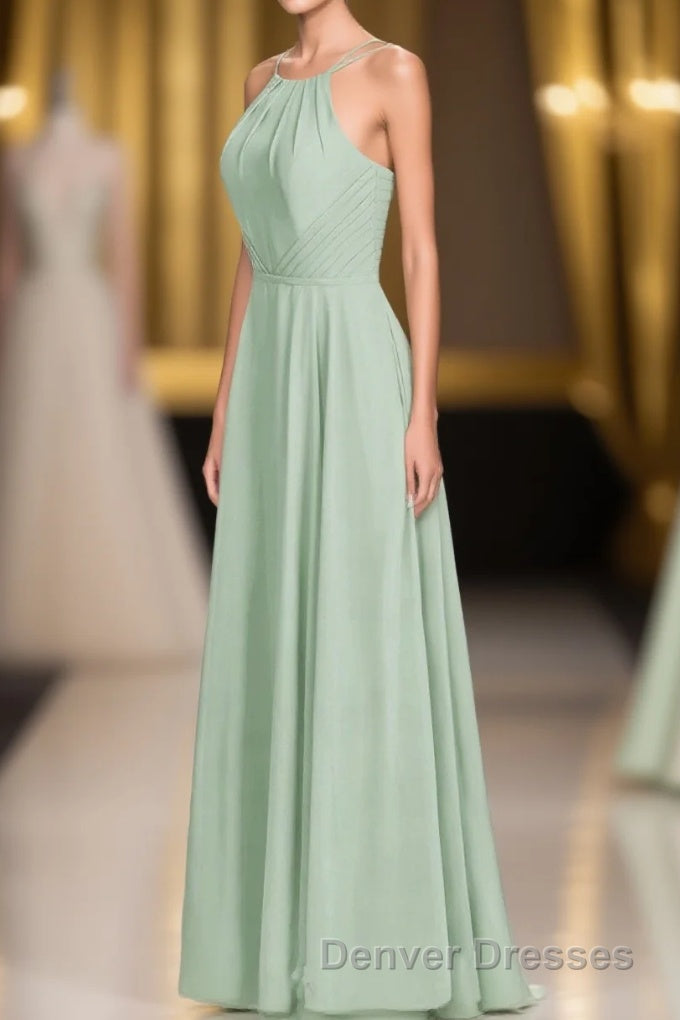 Sage Green Chiffon Halter A-Line Long Bridesmaid Dress Main image