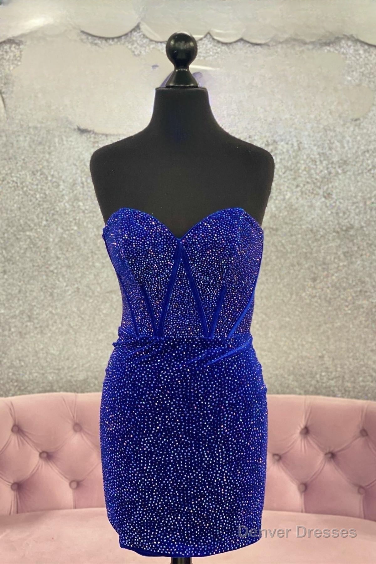 Royal Blue Beaded Strapless Sheath Homecoming Dress Main image