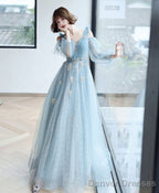 Blue V Neck Tulle Lace Long Prom Dress Blue Lace Formal Dress
