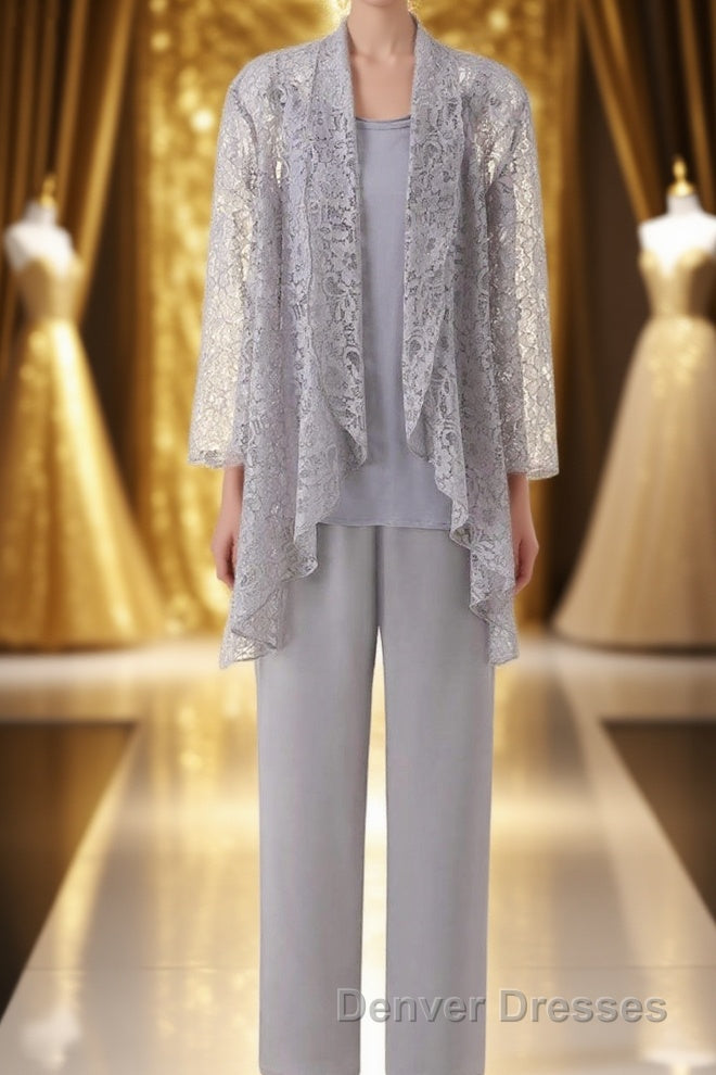 Three-Piece Grey Lace Mother of the Bride Pant Suits Main image