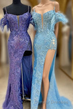 Sequin Feather Cold-Shoulder Mermaid Long Prom Dress with Slit