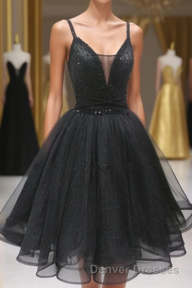 Black Tulle Beads Short Prom Dress, Black Homecoming Dress Main image