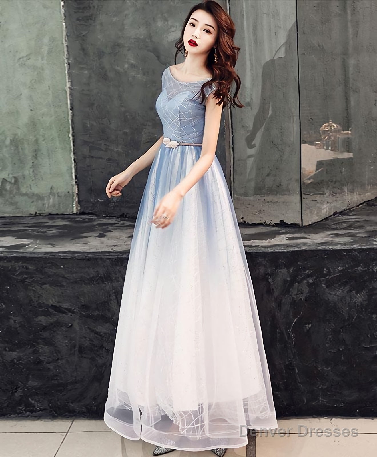 Blue Round Neck Tulle Long Prom Dress, Blue Tulle Evening Dress