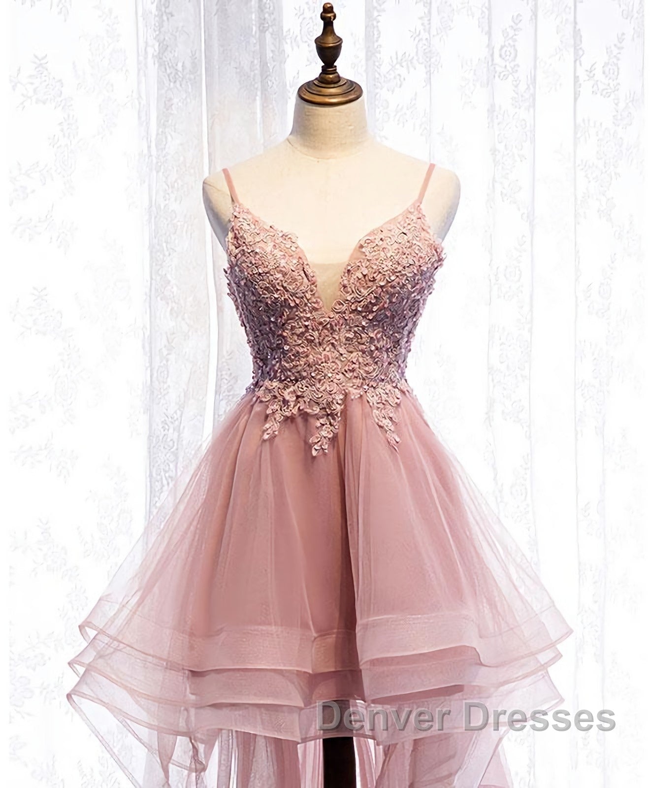 Pink Tulle Lace High Low Prom Dress, Pink Homecoming Dress, 1
