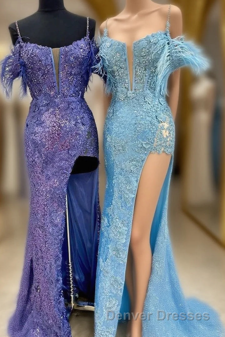 Sequin Feather Cold-Shoulder Mermaid Long Prom Dress with Slit Main image